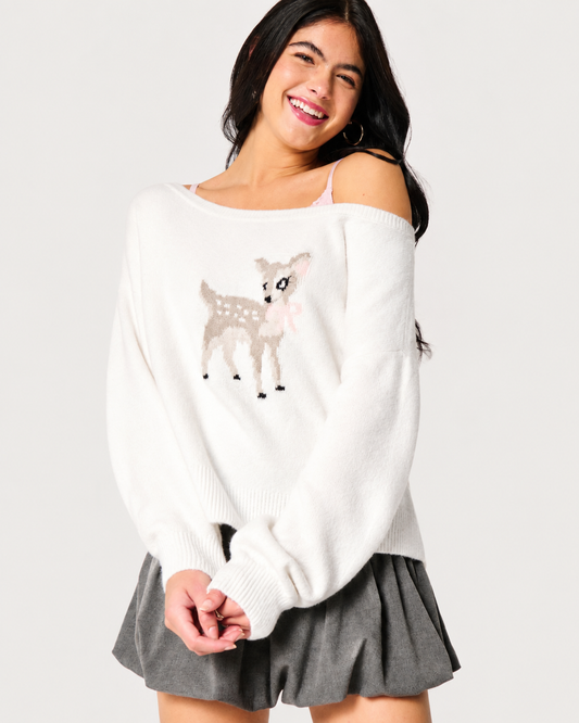 Comfy Cloud Easy Off-the-Shoulder Deer Graphic Sweater